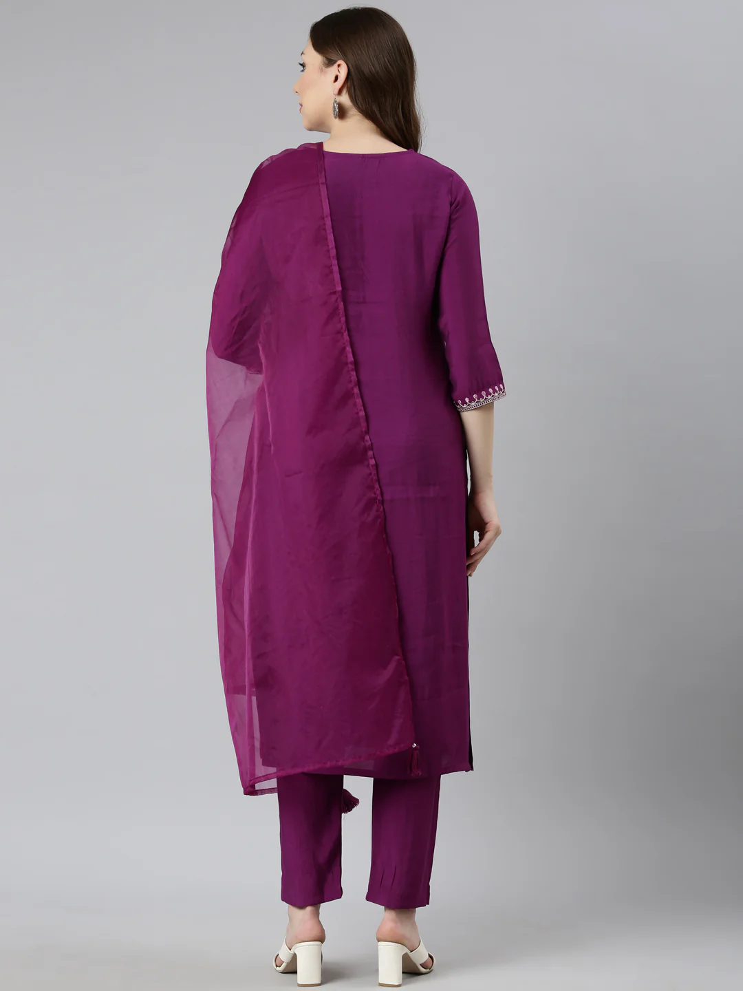 Neerus Purple Regular Straight Solid Kurta And Trousers With Dupatta - Image 3