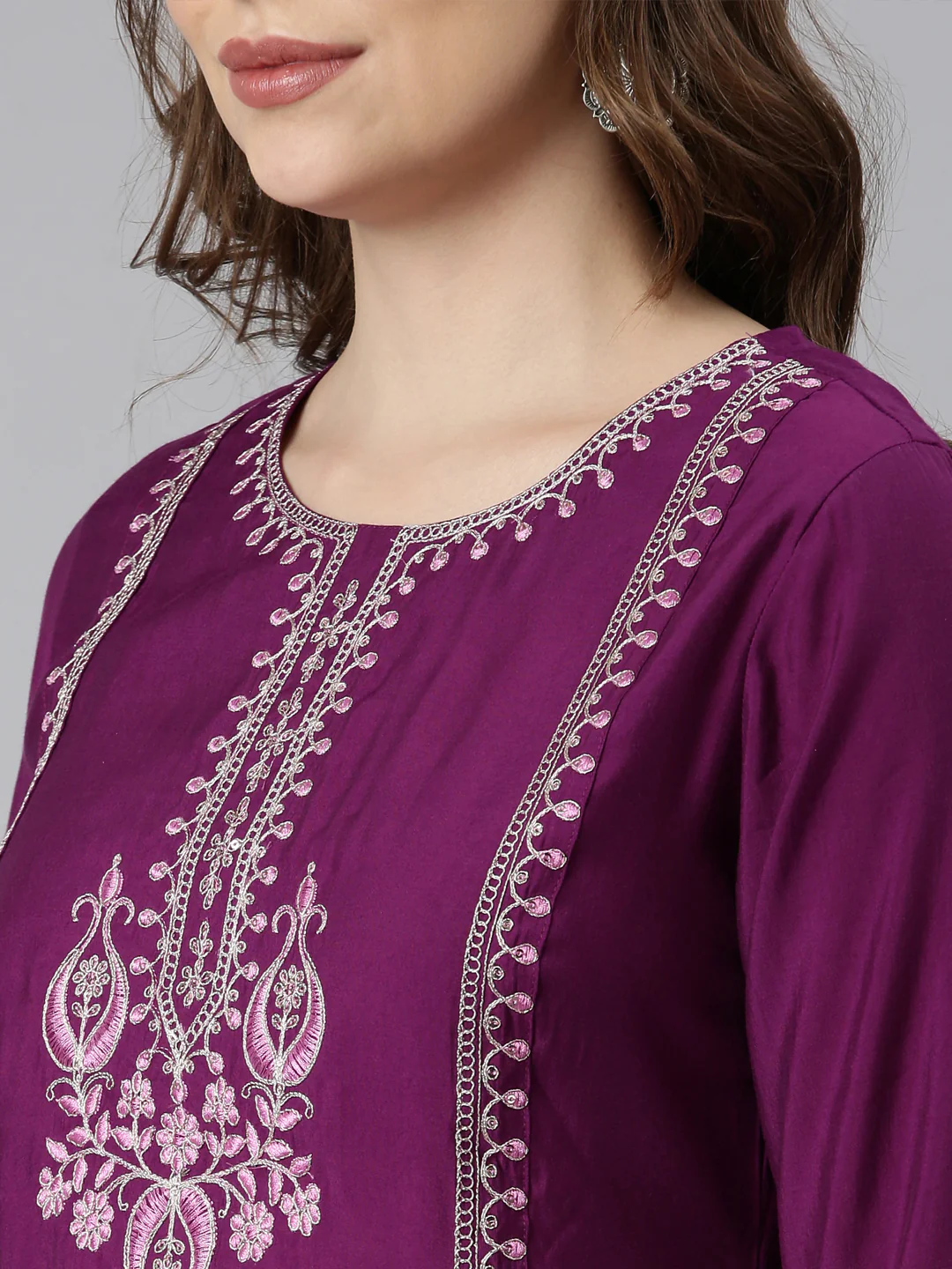 Neerus Purple Regular Straight Solid Kurta And Trousers With Dupatta - Image 4