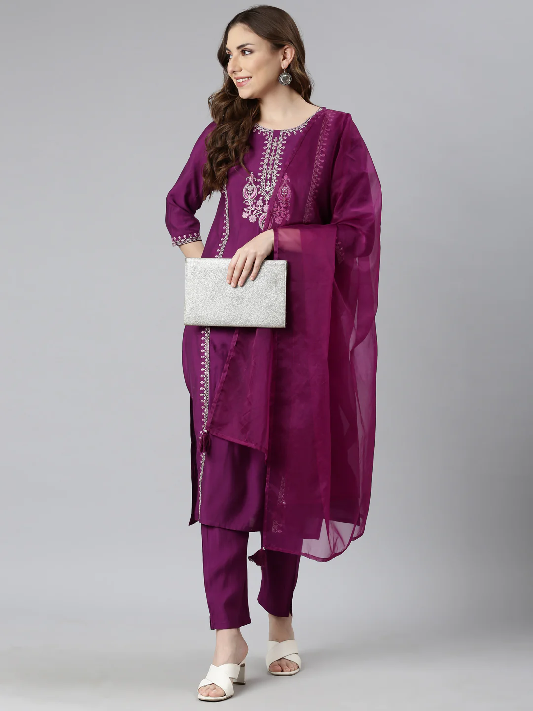 Neerus Purple Regular Straight Solid Kurta And Trousers With Dupatta - Image 5
