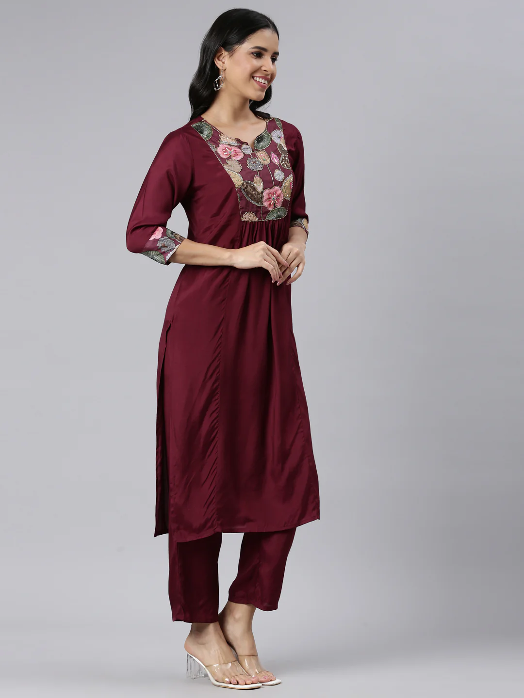 Neerus Purple Regular Straight Solid Kurta and Trousers With Dupatta - Image 2