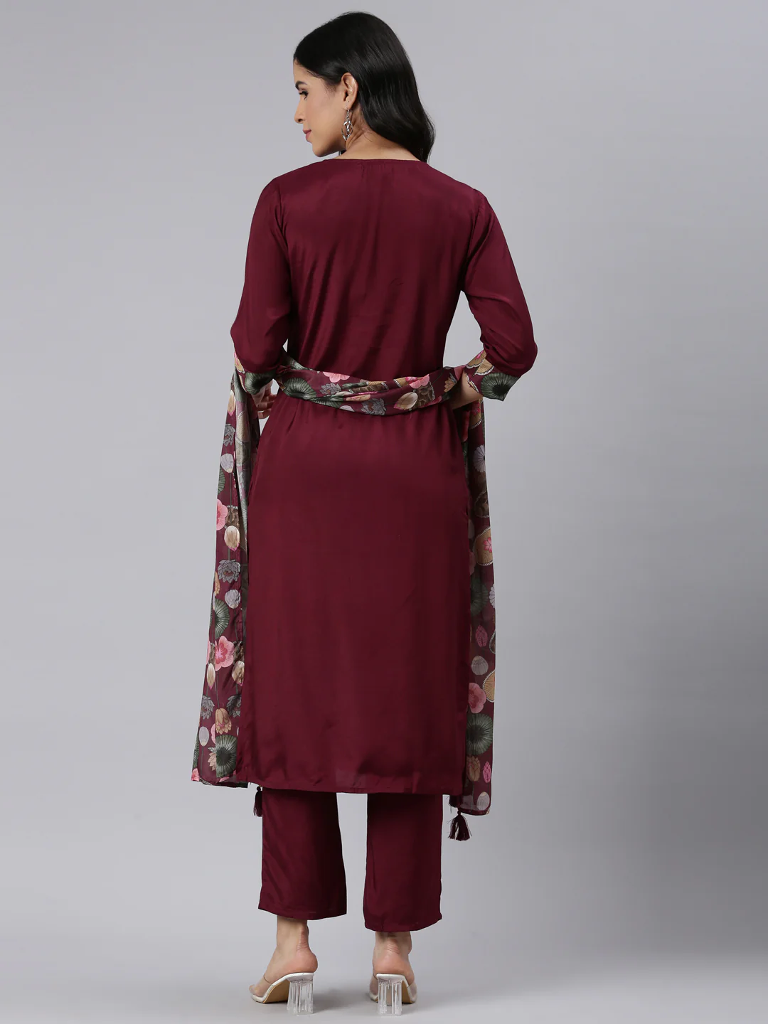 Neerus Purple Regular Straight Solid Kurta and Trousers With Dupatta - Image 3