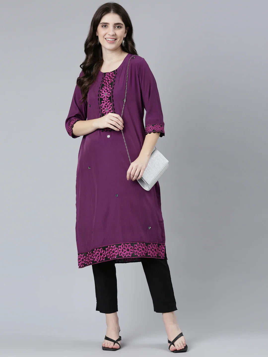 Neerus Purple Regular Straight Solid Kurta - Image 5