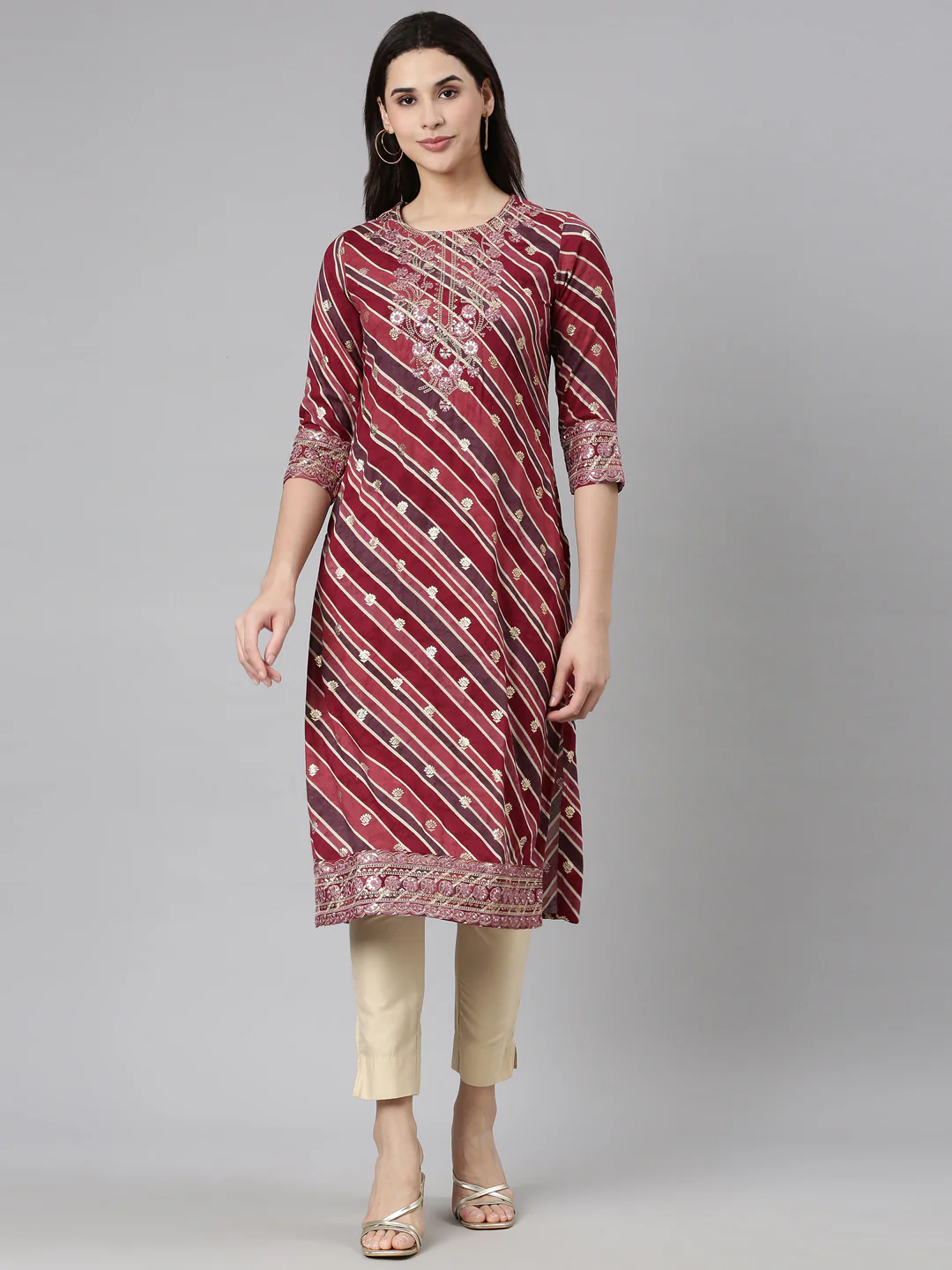 Neerus Purple Regular Straight Striped Kurta