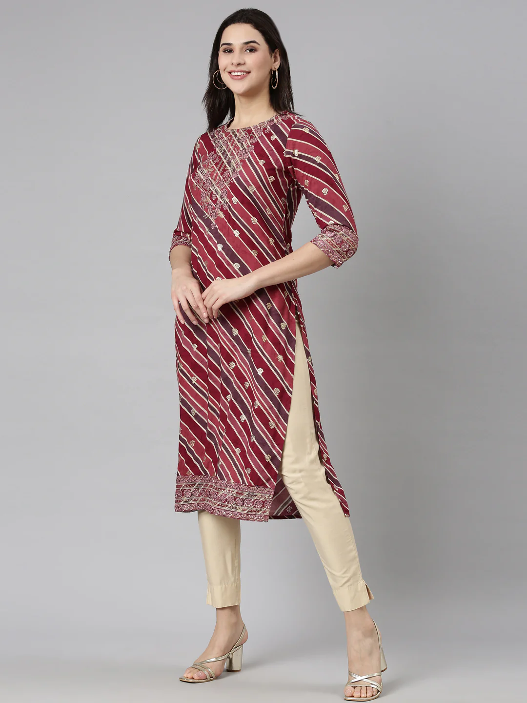 Neerus Purple Regular Straight Striped Kurta - Image 2