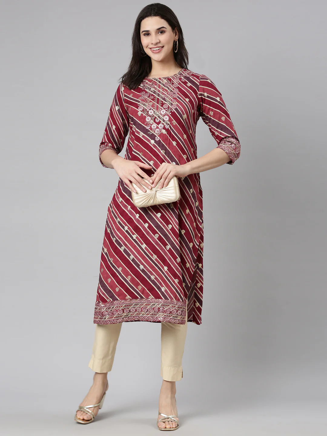 Neerus Purple Regular Straight Striped Kurta - Image 5