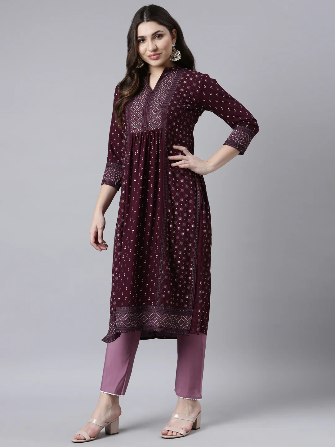 Neerus Purple Regular Straight Woven Design Kurta - Image 5
