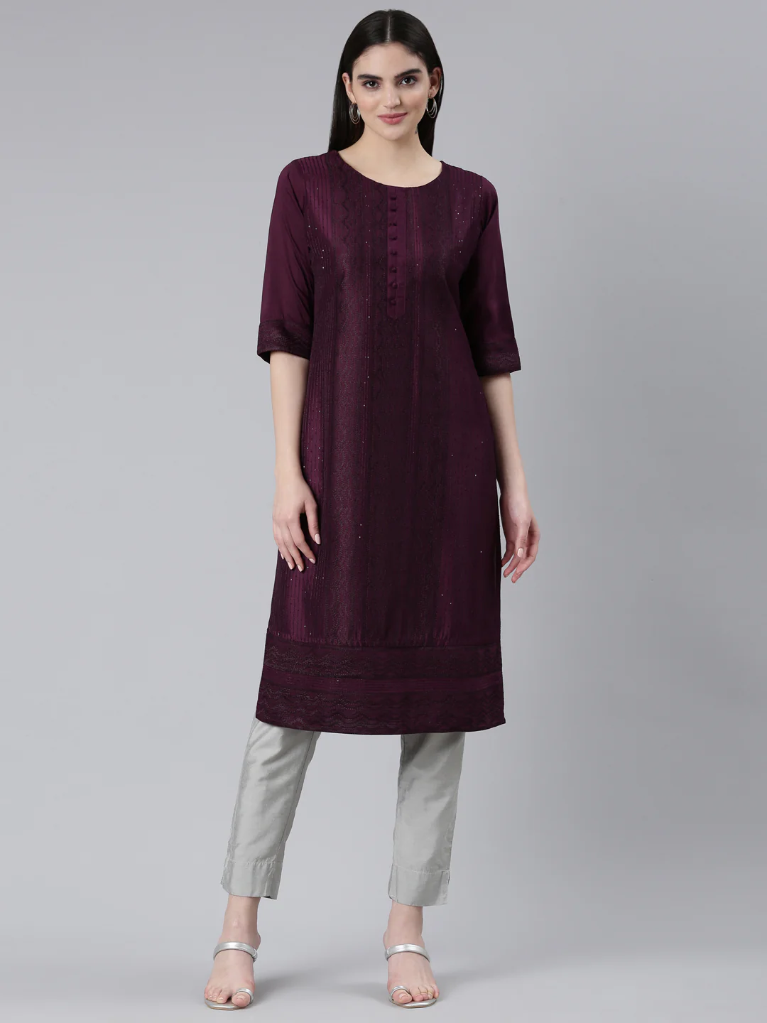 Neerus Purple Regular Straight Woven Design Kurta