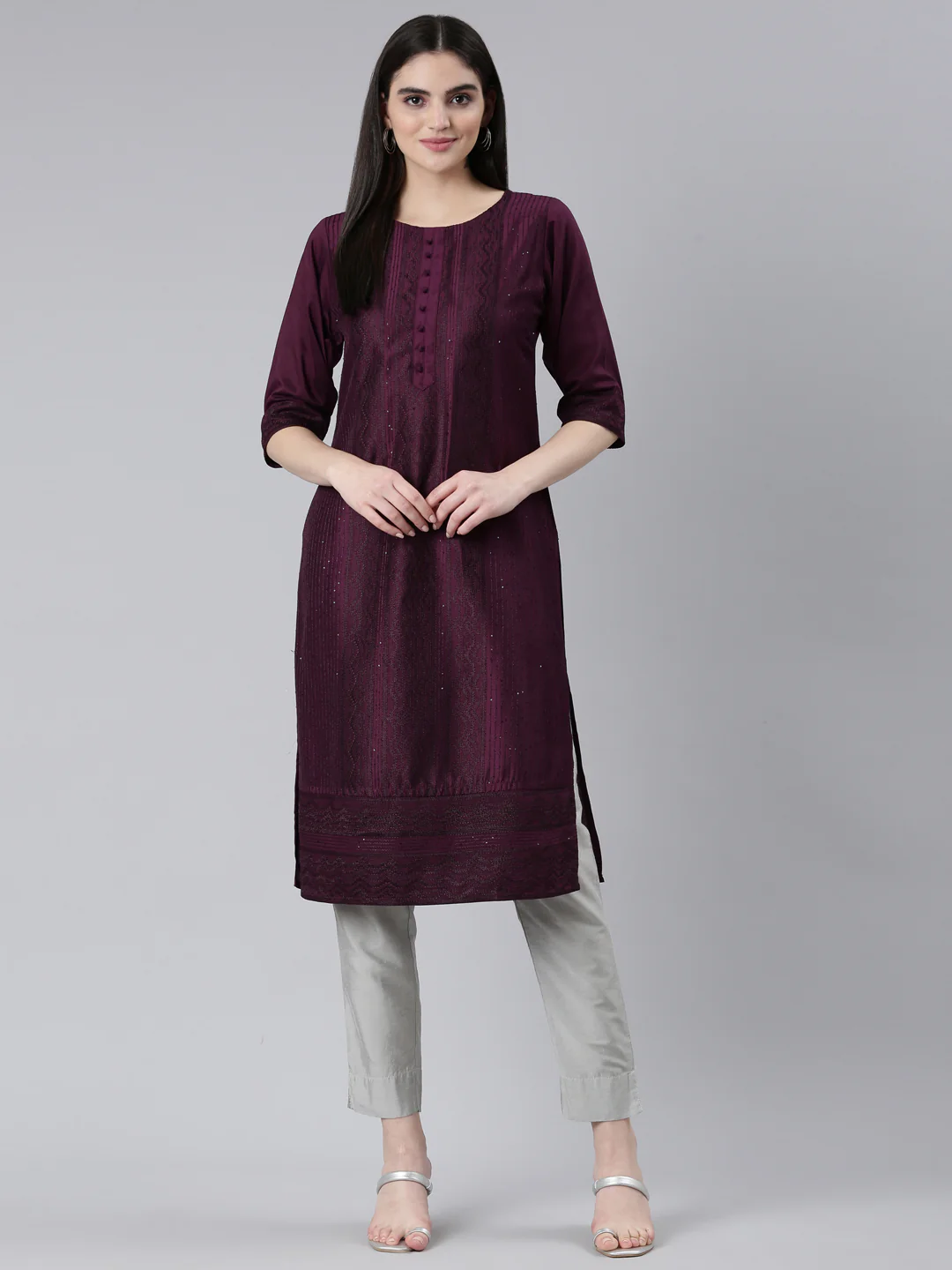 Neerus Purple Regular Straight Woven Design Kurta - Image 5