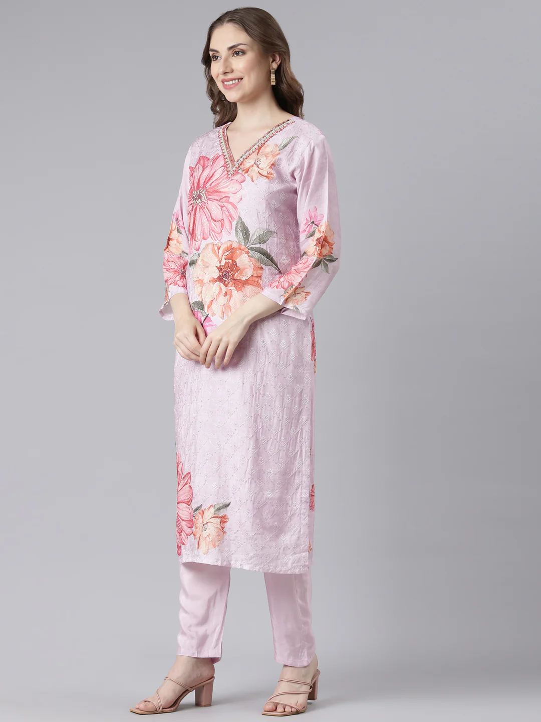 Neerus Purple Santoon Straight Casual Floral Kurta and Trouser with Dupatta - Image 3