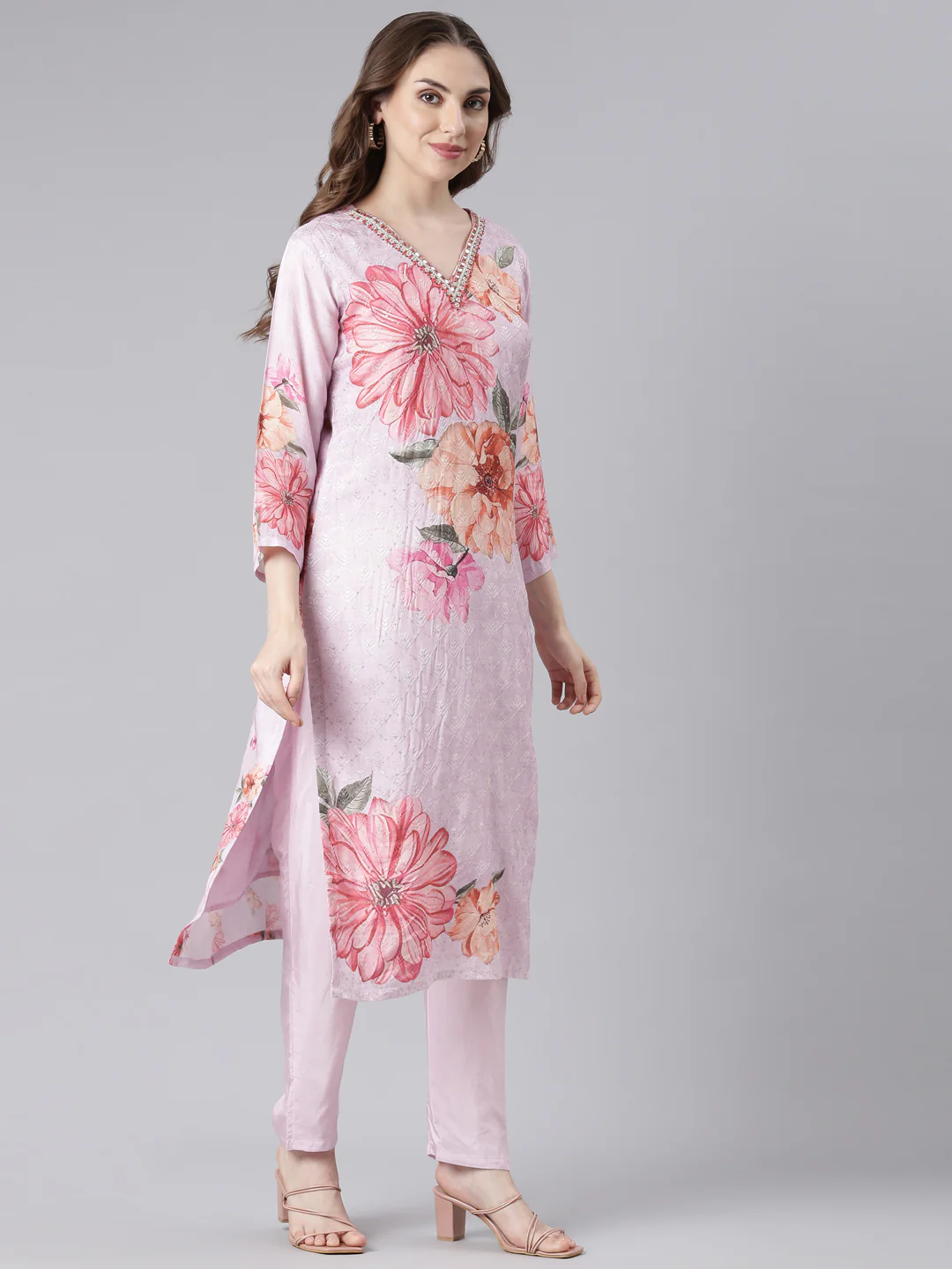 Neerus Purple Santoon Straight Casual Floral Kurta and Trouser with Dupatta - Image 4