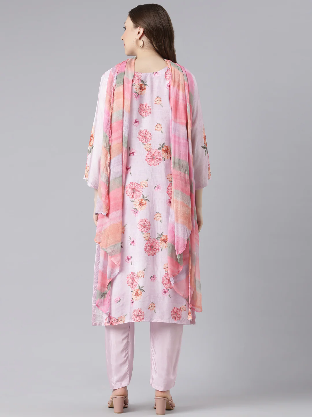 Neerus Purple Santoon Straight Casual Floral Kurta and Trouser with Dupatta - Image 5
