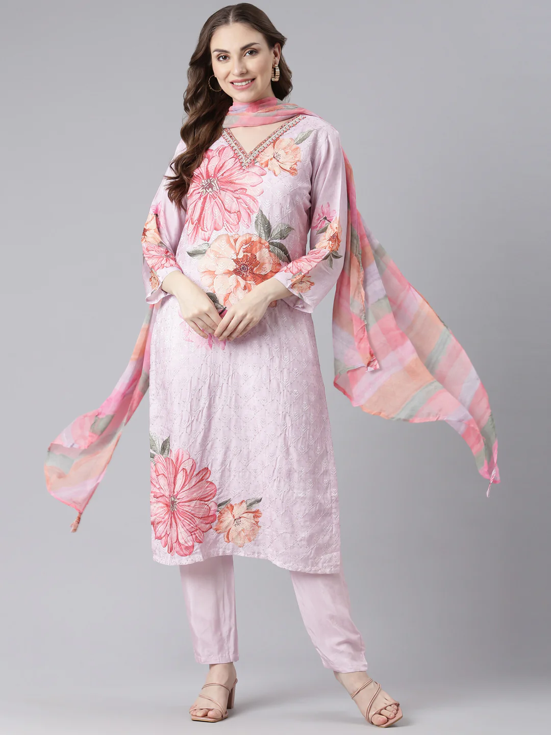 Neerus Purple Santoon Straight Casual Floral Kurta and Trouser with Dupatta - Image 6