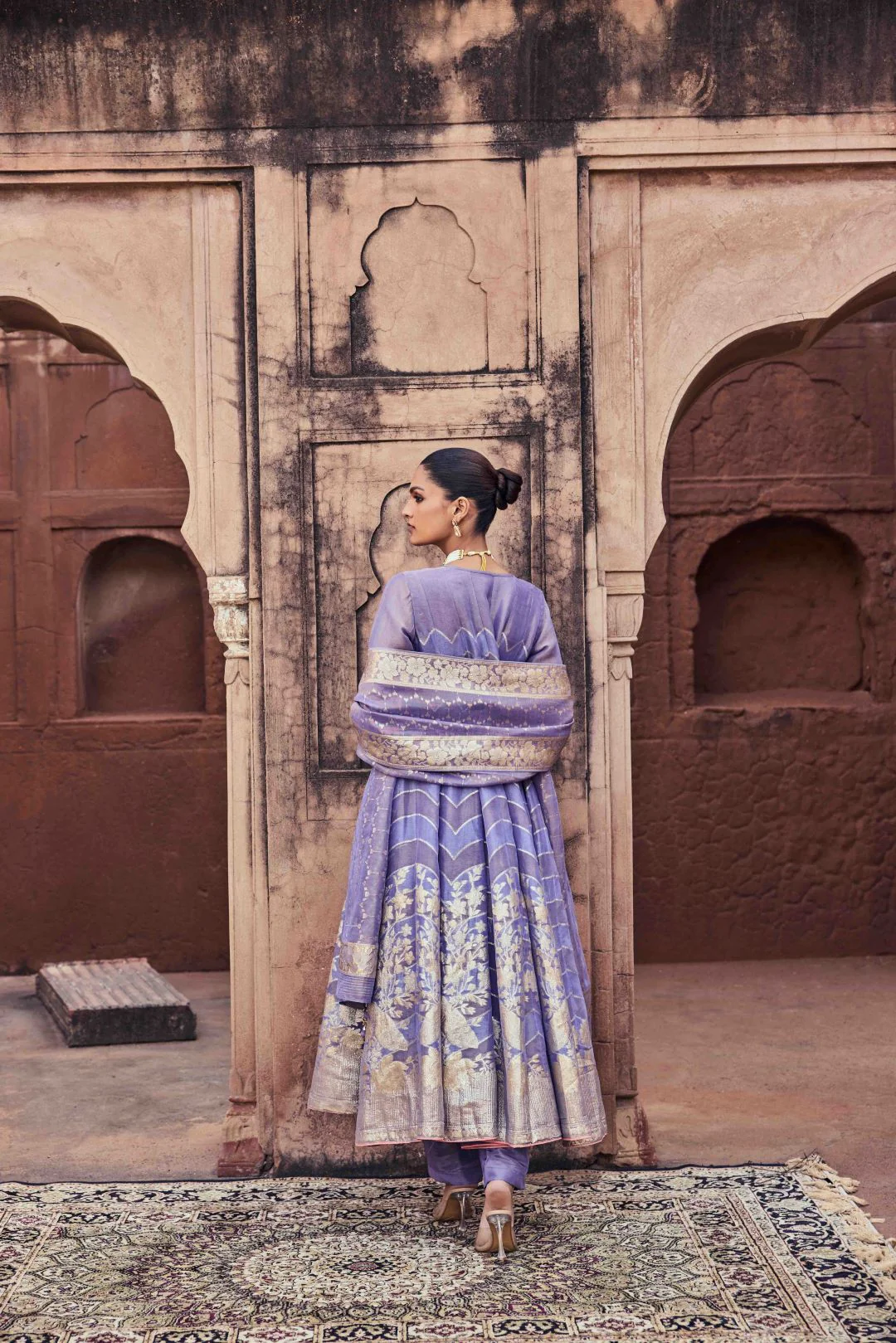 Neerus Purple Sequence Work Tissue Fabric Anarkali and Trouser with Dupatta - Image 4