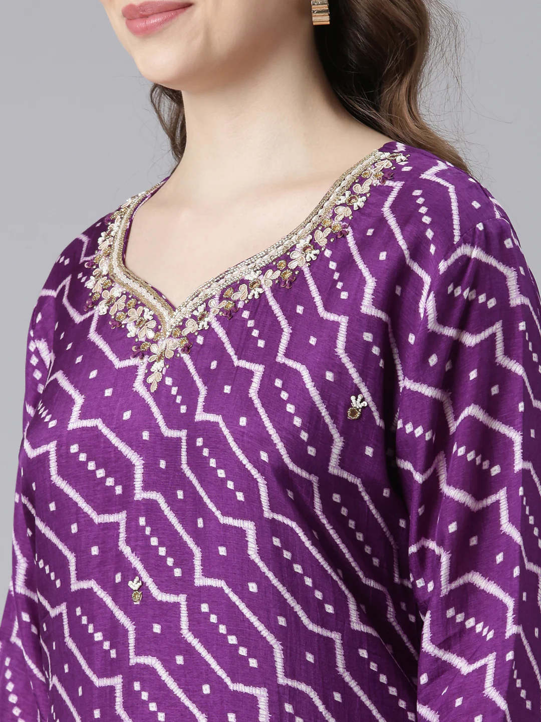 Neerus Purple Silk Straight Casual Chevron Kurta and Trouser with Dupatta - Image 2