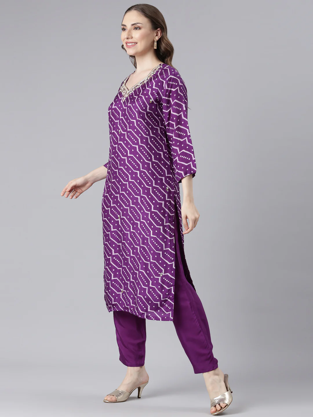 Neerus Purple Silk Straight Casual Chevron Kurta and Trouser with Dupatta - Image 3