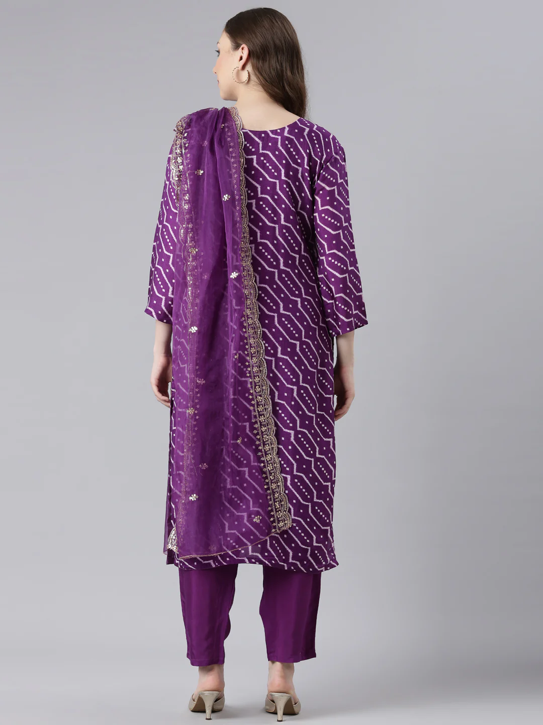 Neerus Purple Silk Straight Casual Chevron Kurta and Trouser with Dupatta - Image 5