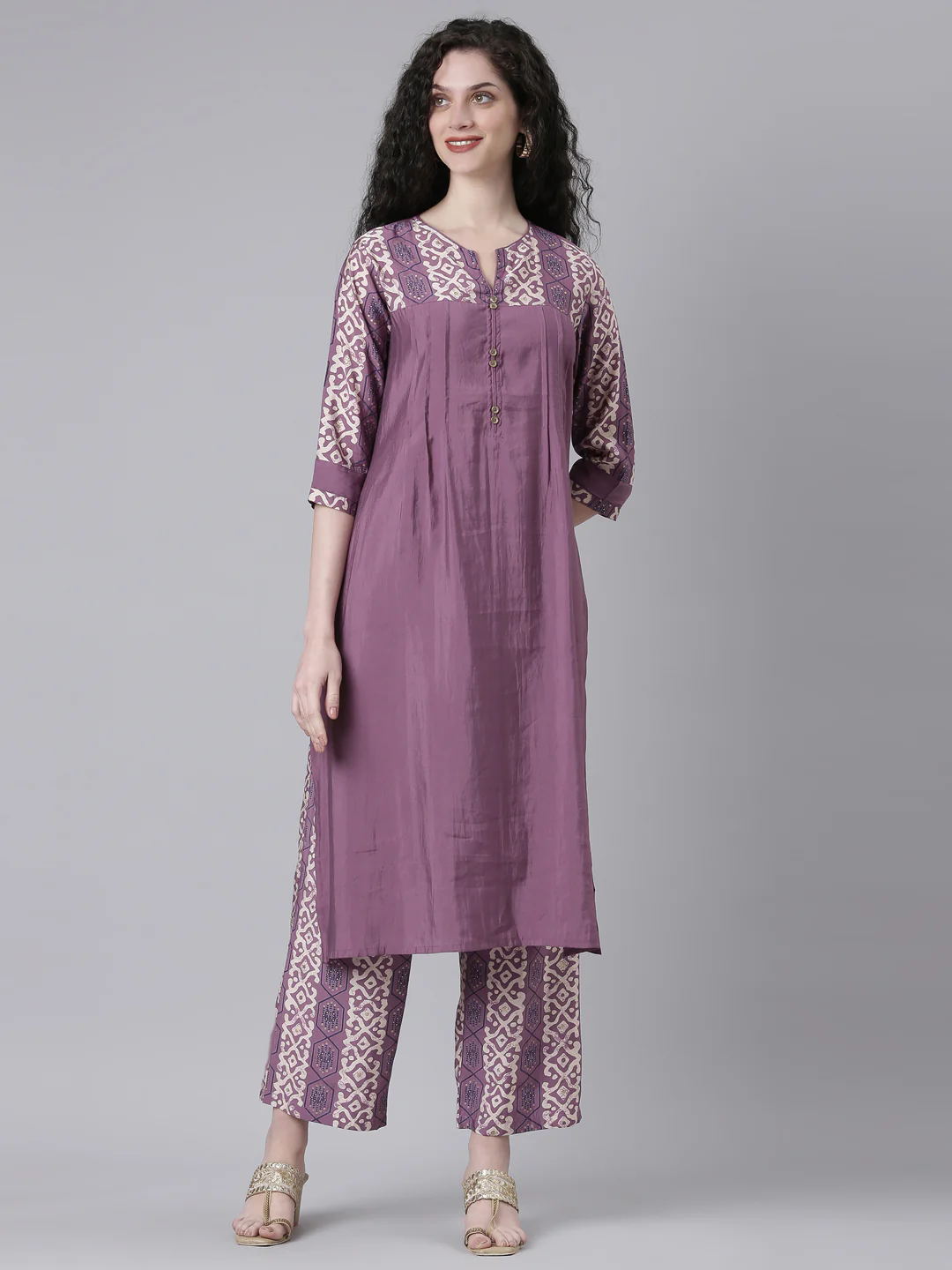 Neerus Purple Solid Straight Kurta and Palazzos
