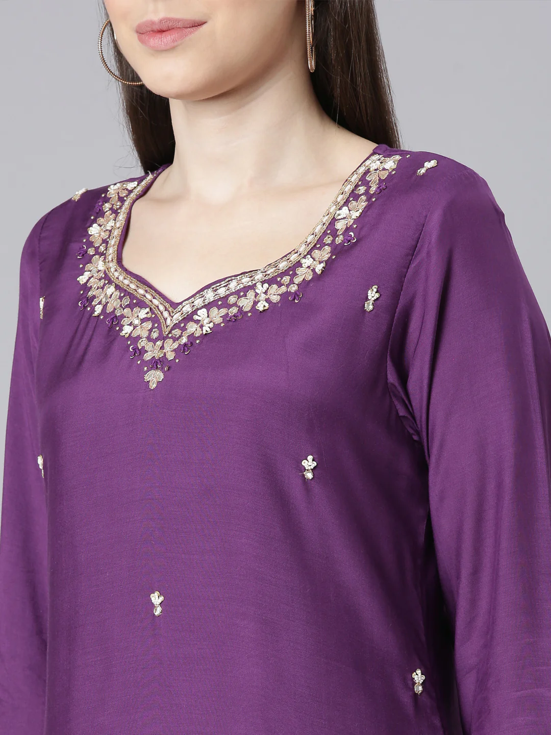 Neerus Purple Solid Straight Kurta and Trousers With Dupatta - Image 4