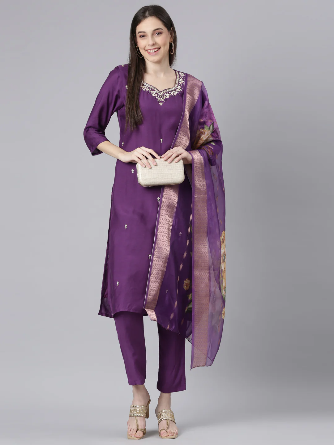 Neerus Purple Solid Straight Kurta and Trousers With Dupatta - Image 5