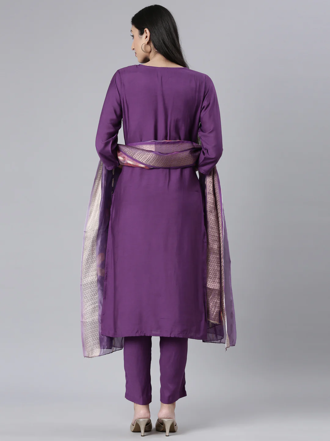 Neerus Purple Solid Straight Kurta and Trousers With Dupatta - Image 3
