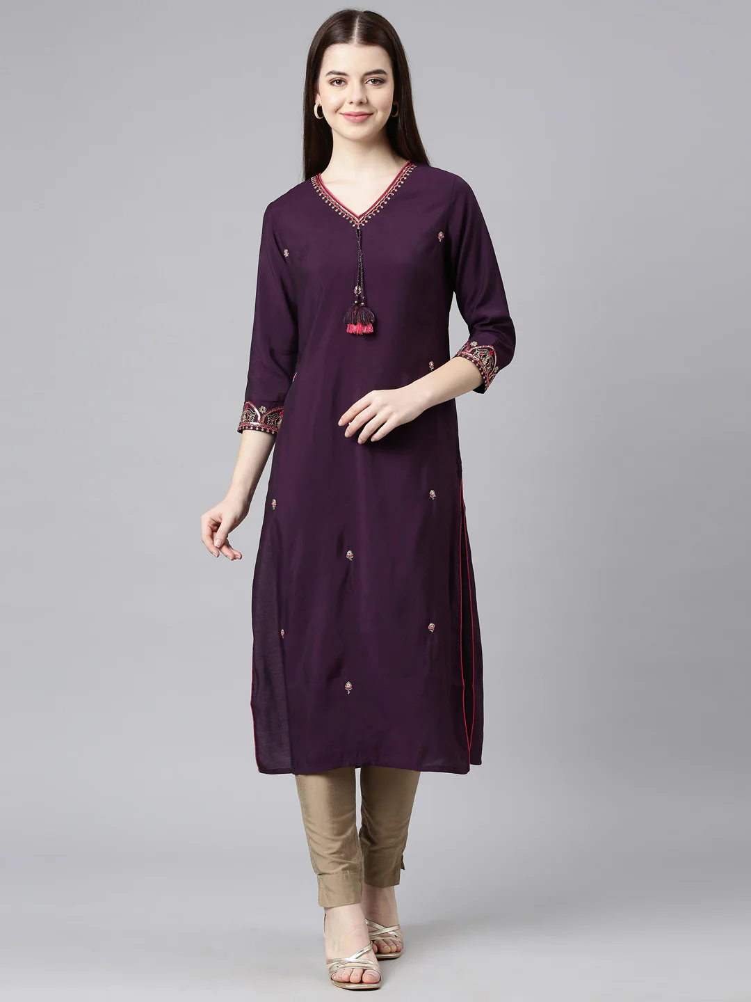Neerus Purple Straight Casual Embellished Straight Kurta