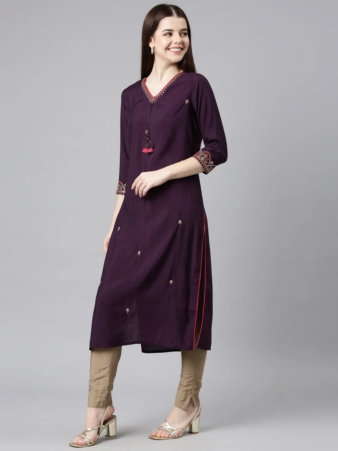 Neerus Purple Straight Casual Embellished Straight Kurta - Image 2