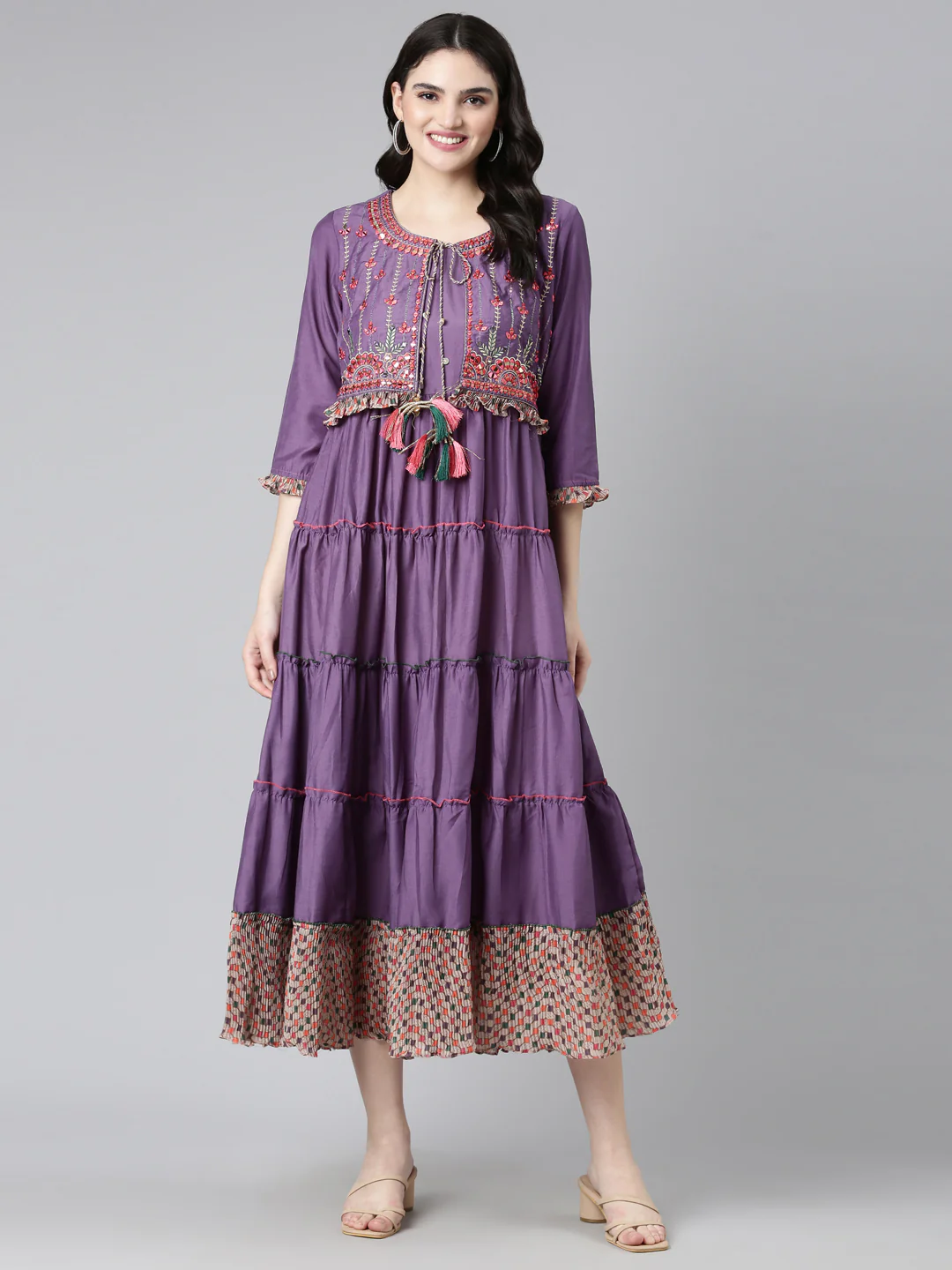 Neerus Purple Straight Casual Embroidered Dress - Image 5