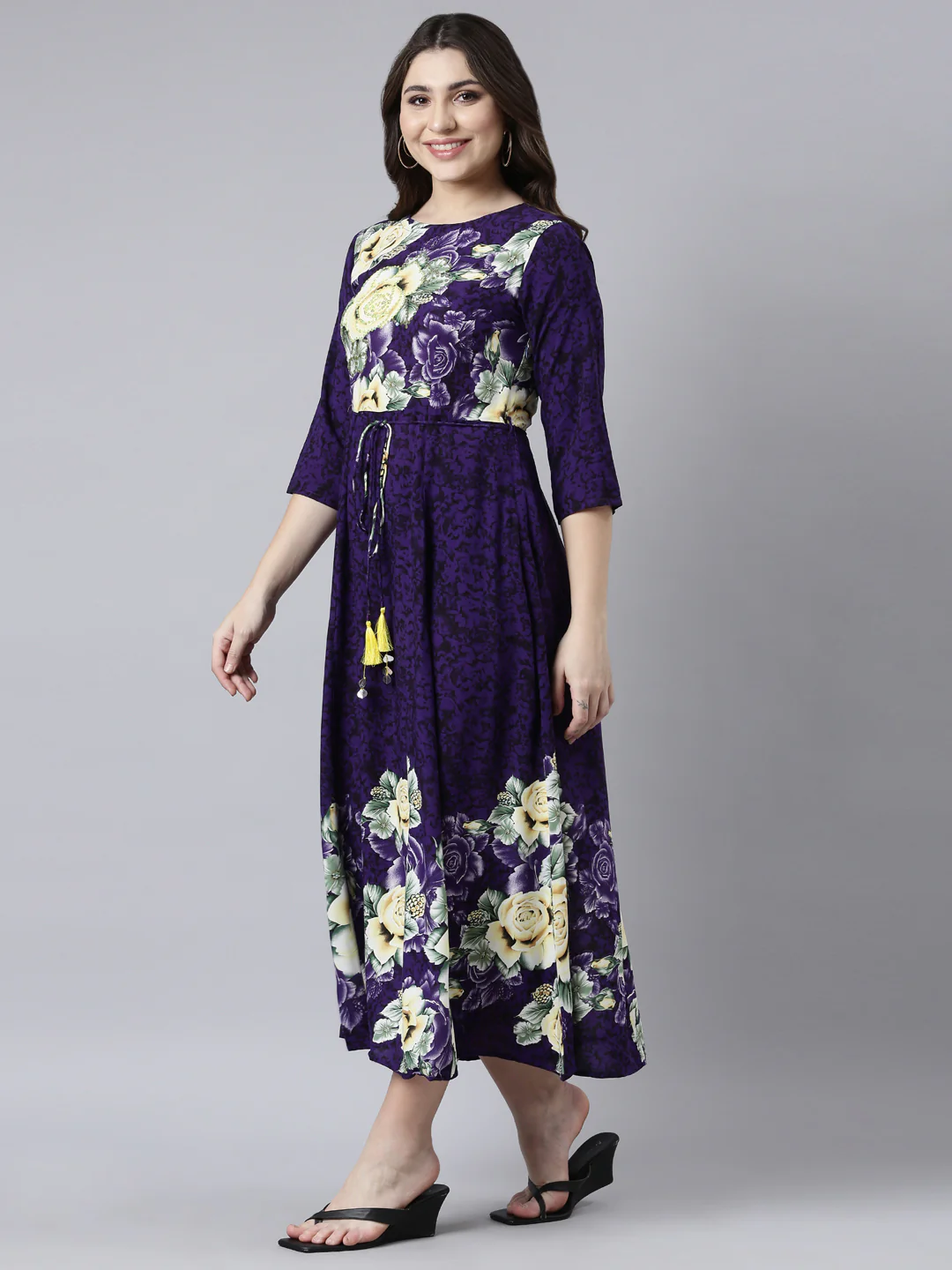 Neerus Purple Straight Casual Floral Maxi Dresses - Image 2
