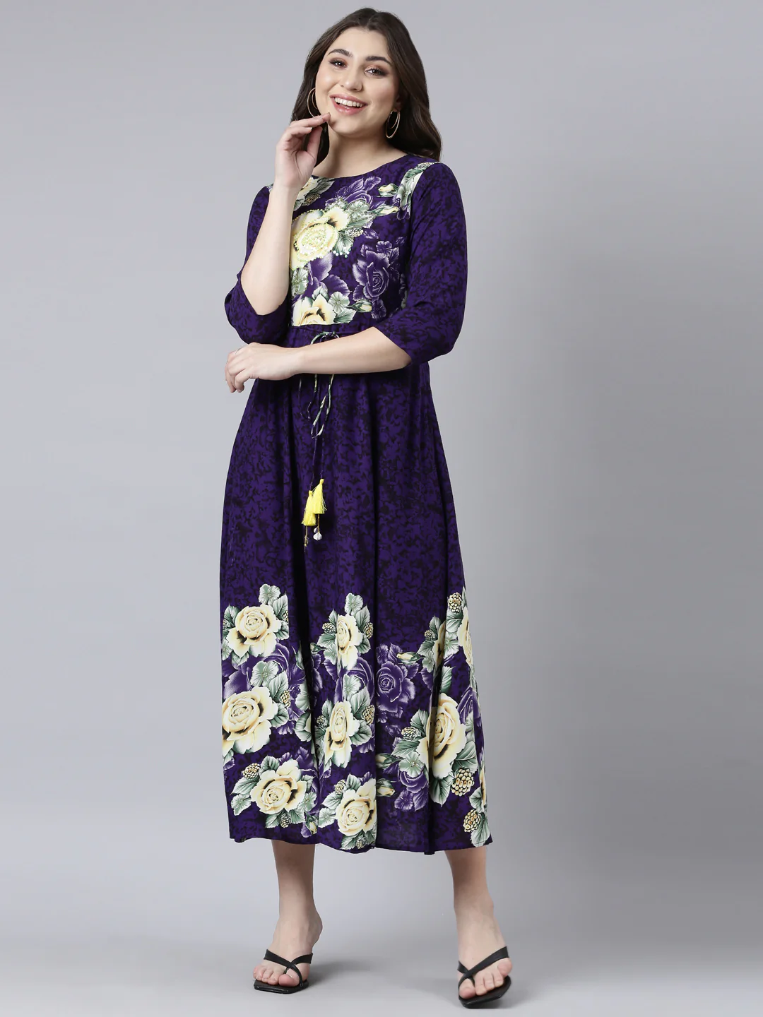 Neerus Purple Straight Casual Floral Maxi Dresses - Image 5