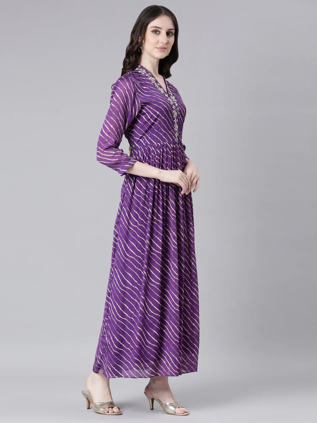 Neerus Purple Straight Casual Striped Dresses - Image 2