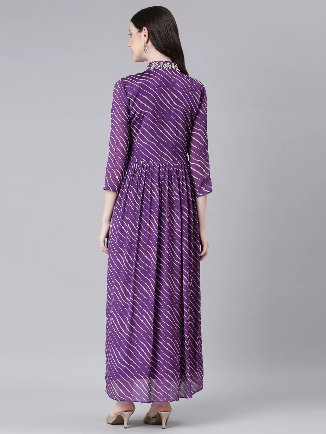 Neerus Purple Straight Casual Striped Dresses - Image 3