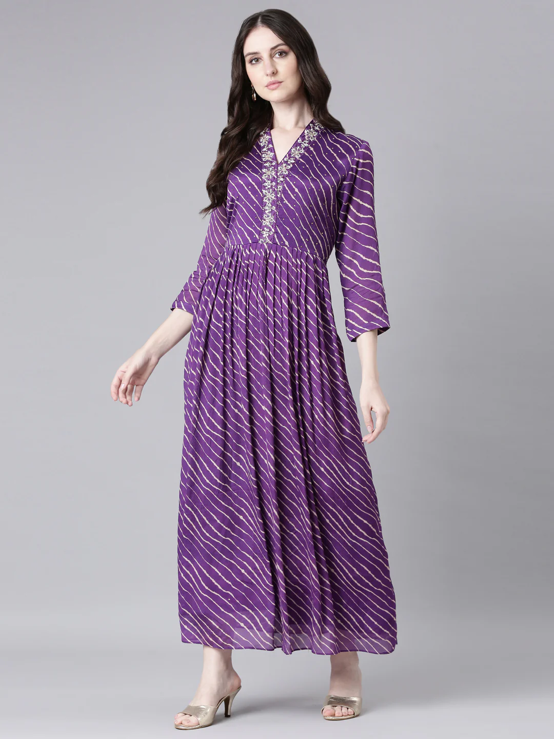 Neerus Purple Straight Casual Striped Dresses - Image 5