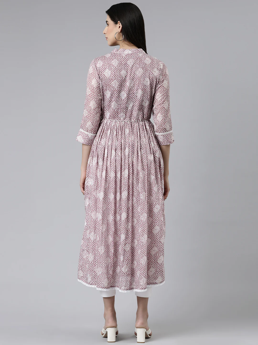 Neerus Purple Straight Printed Cotton Silk Kurta - Image 3