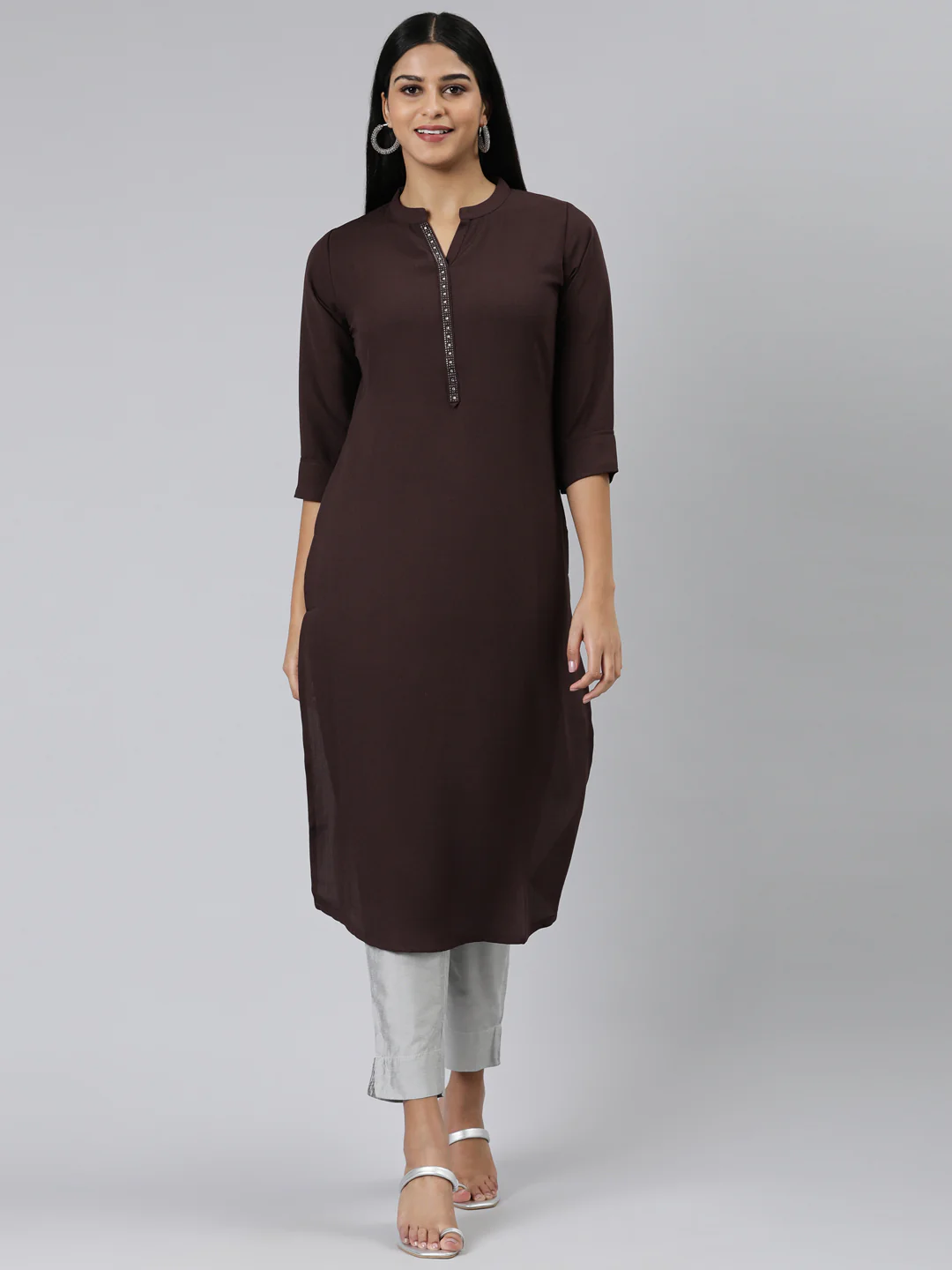 Neerus Purple Straight Solid Viscose Rayon Kurta