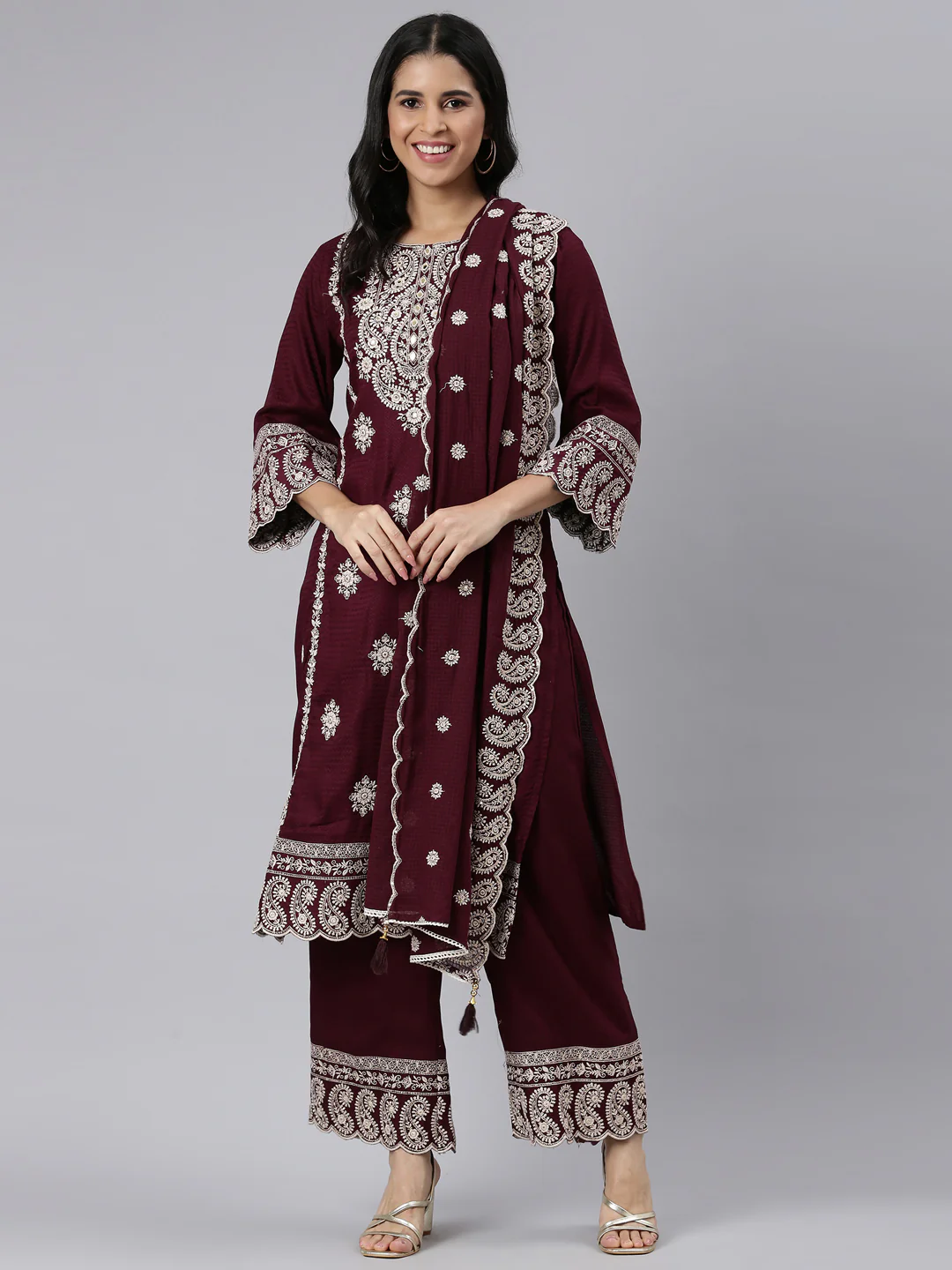 Neerus Purple Tiered Straight Yoke Design Kurta and Palazzos With Dupatta - Image 5