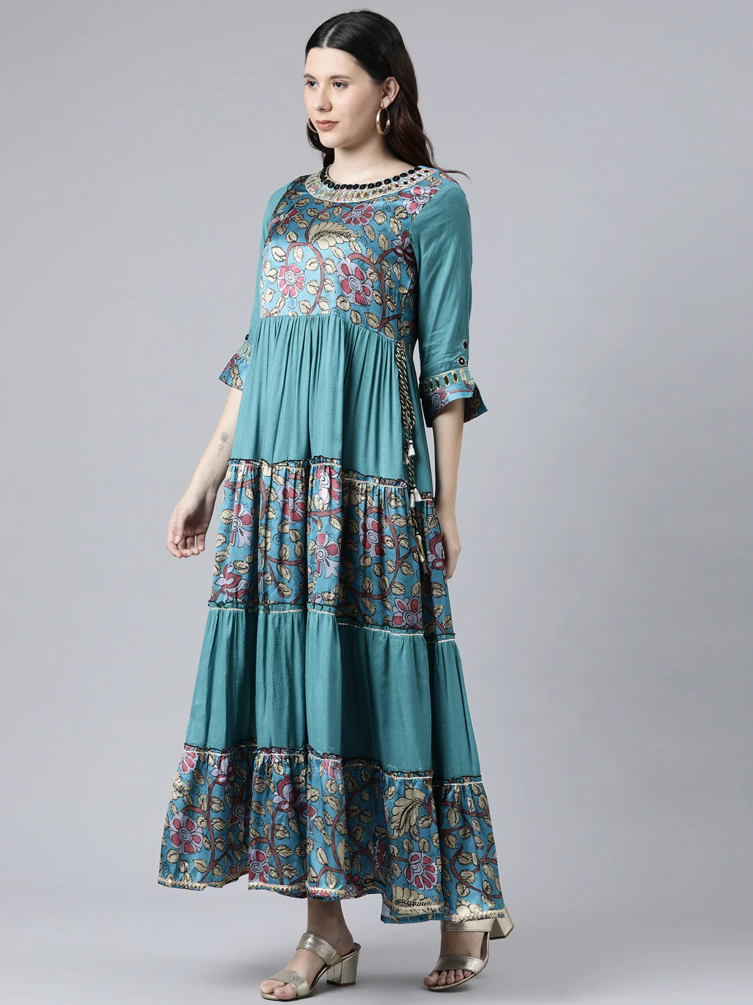 Neerus Rama Color Satin Slik Fabric Printed Floral Dress - Image 2