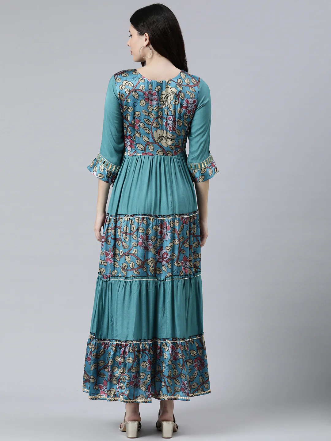Neerus Rama Color Satin Slik Fabric Printed Floral Dress - Image 3
