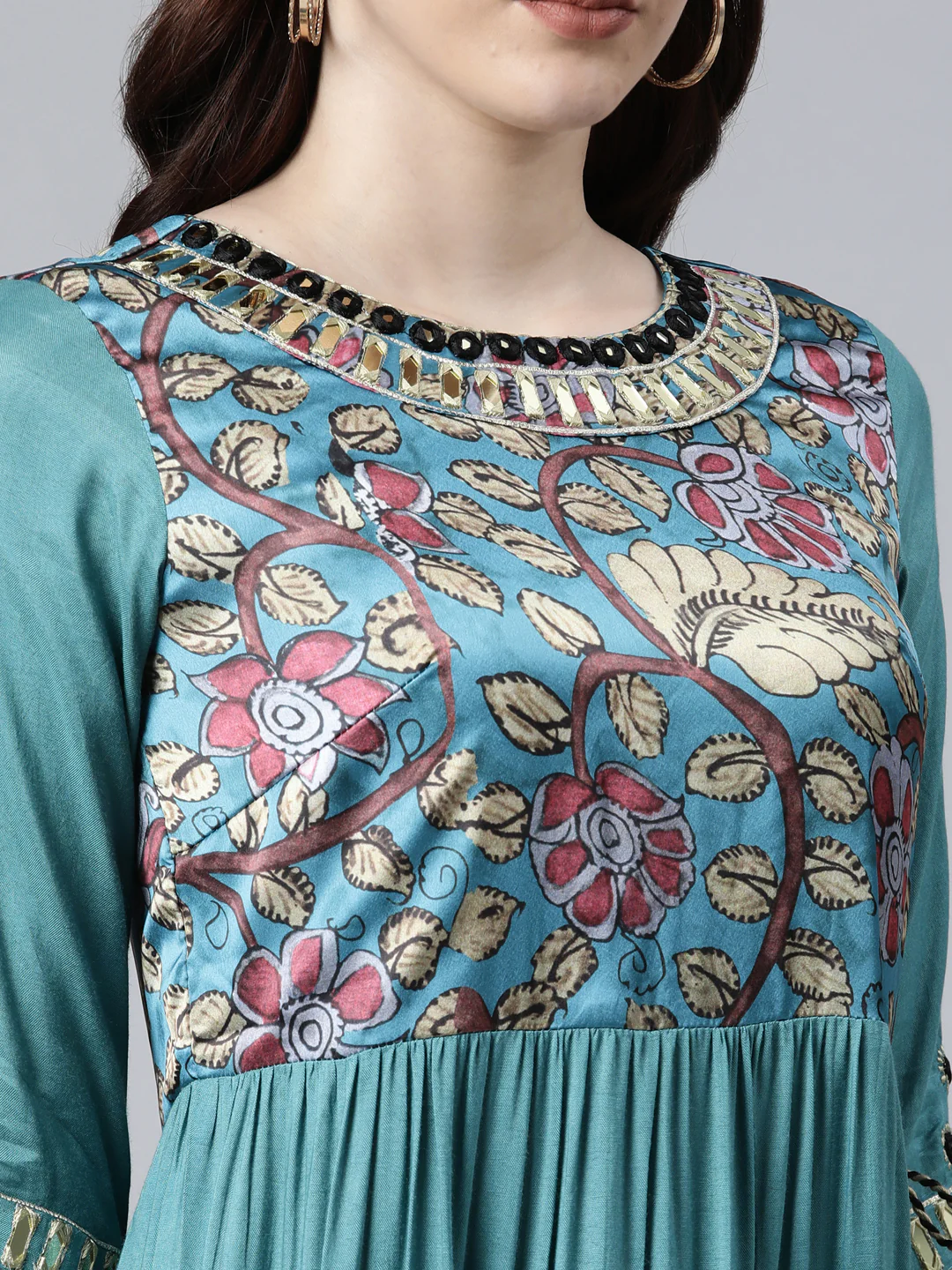 Neerus Rama Color Satin Slik Fabric Printed Floral Dress - Image 4