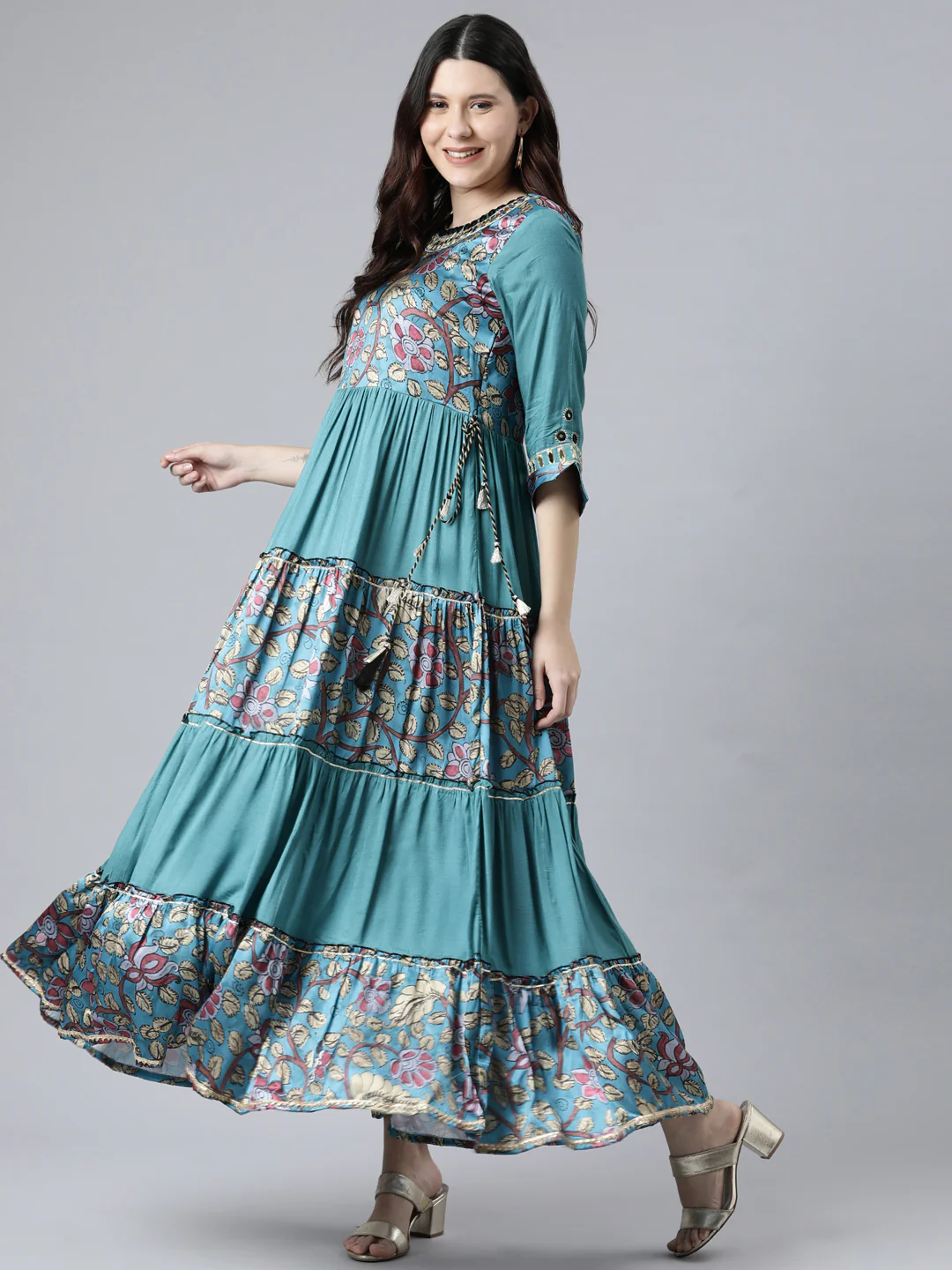 Neerus Rama Color Satin Slik Fabric Printed Floral Dress - Image 5