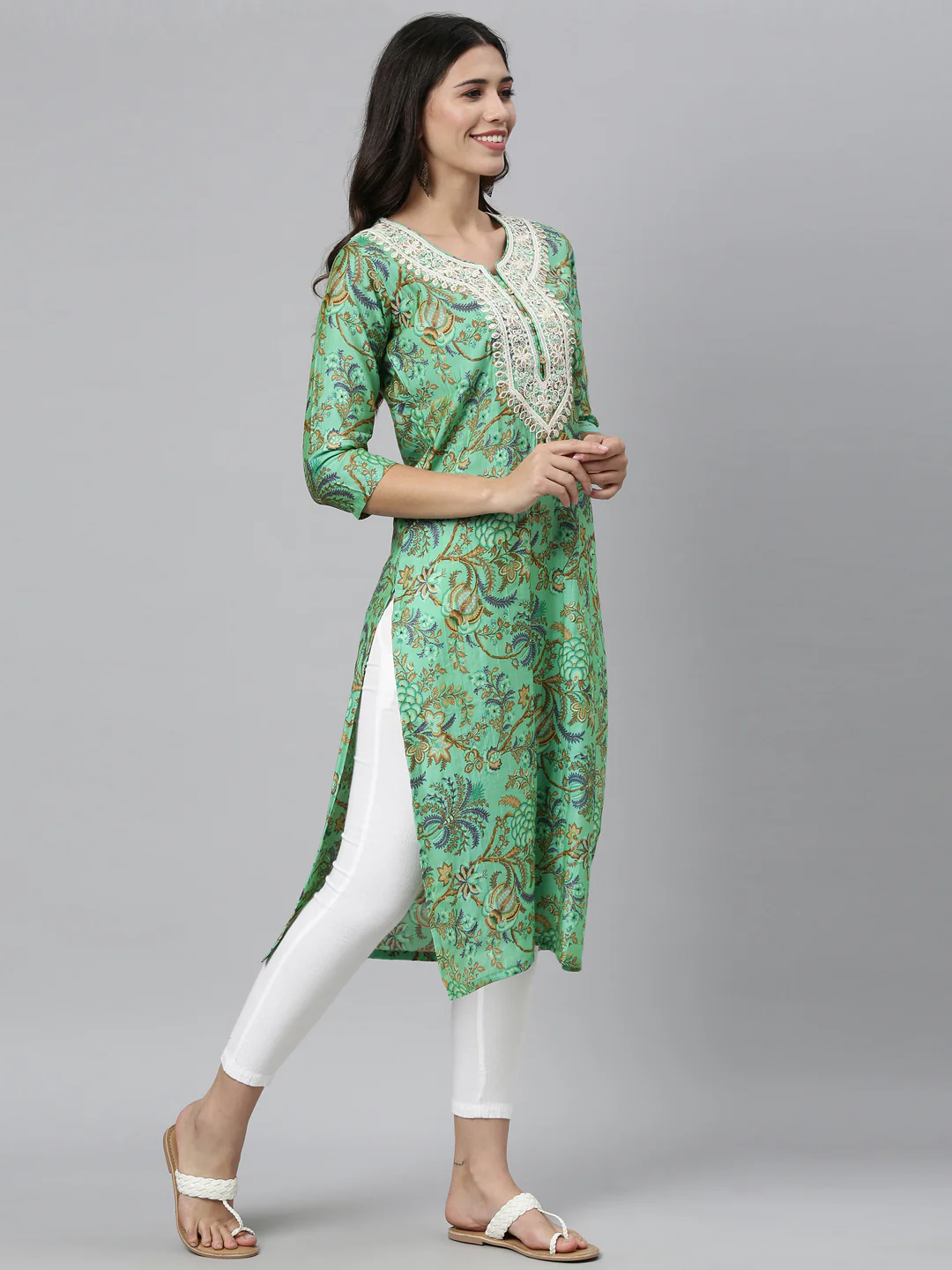 Neerus Rama Color Silk Fabric Kurta - Image 2