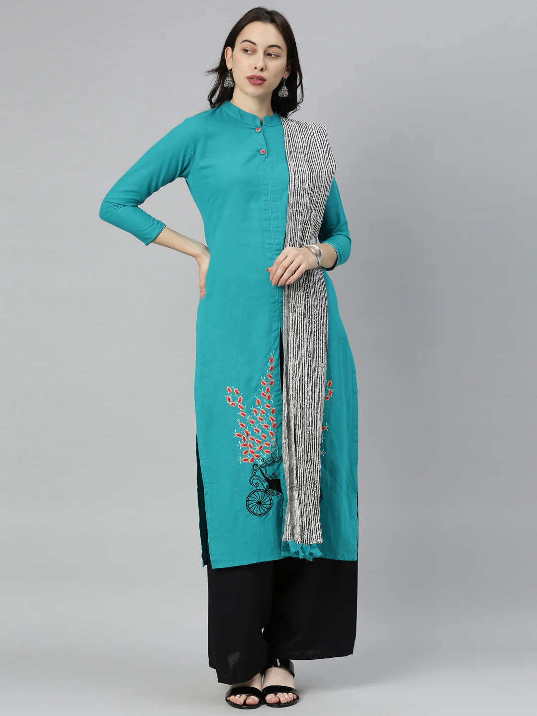 Neerus Rama Colour Slub Cotton Fabric Tunic Scarf - Image 8