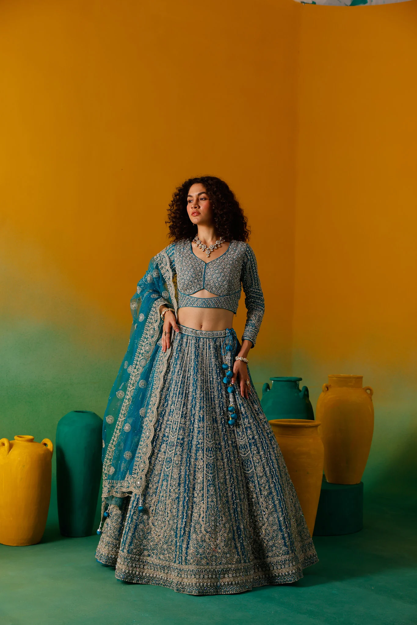Neerus Rama Embroidery work Nett Fabric Ghagra Set - Image 10
