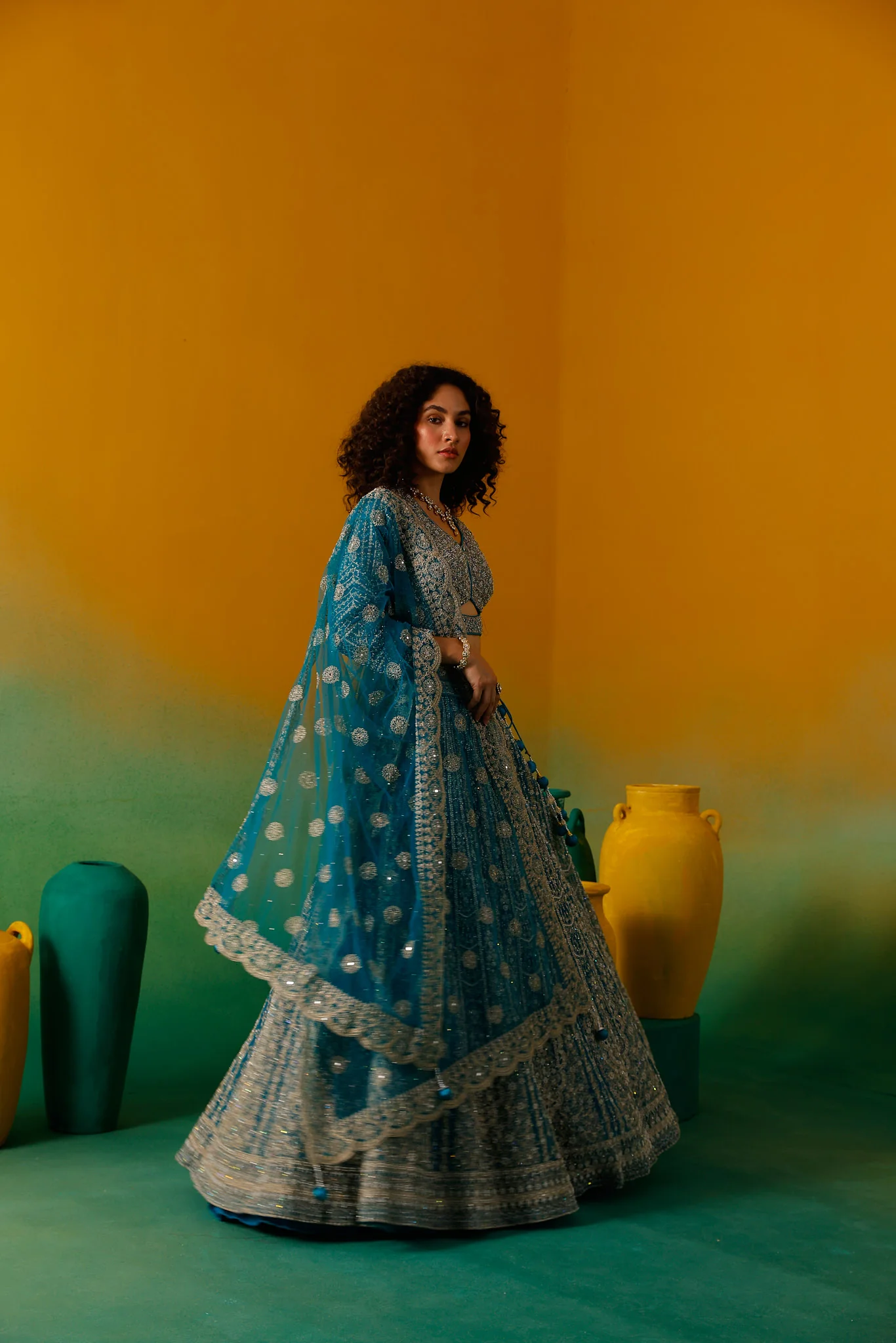 Neerus Rama Embroidery work Nett Fabric Ghagra Set - Image 4
