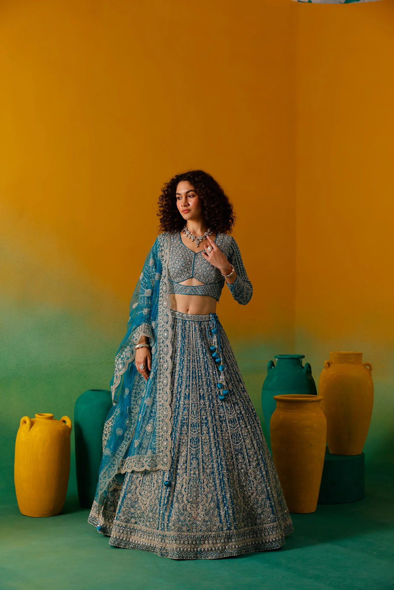 Neerus Rama Embroidery work Nett Fabric Ghagra Set - Image 6