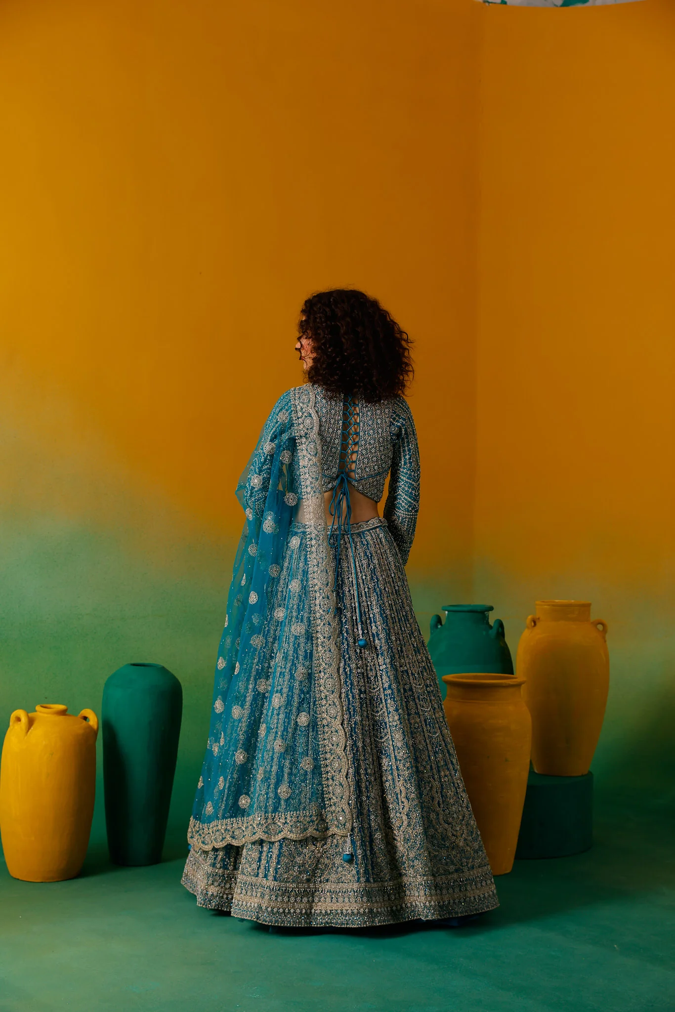 Neerus Rama Embroidery work Nett Fabric Ghagra Set - Image 7