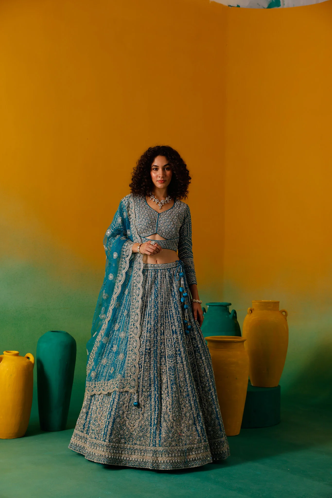 Neerus Rama Embroidery work Nett Fabric Ghagra Set - Image 8