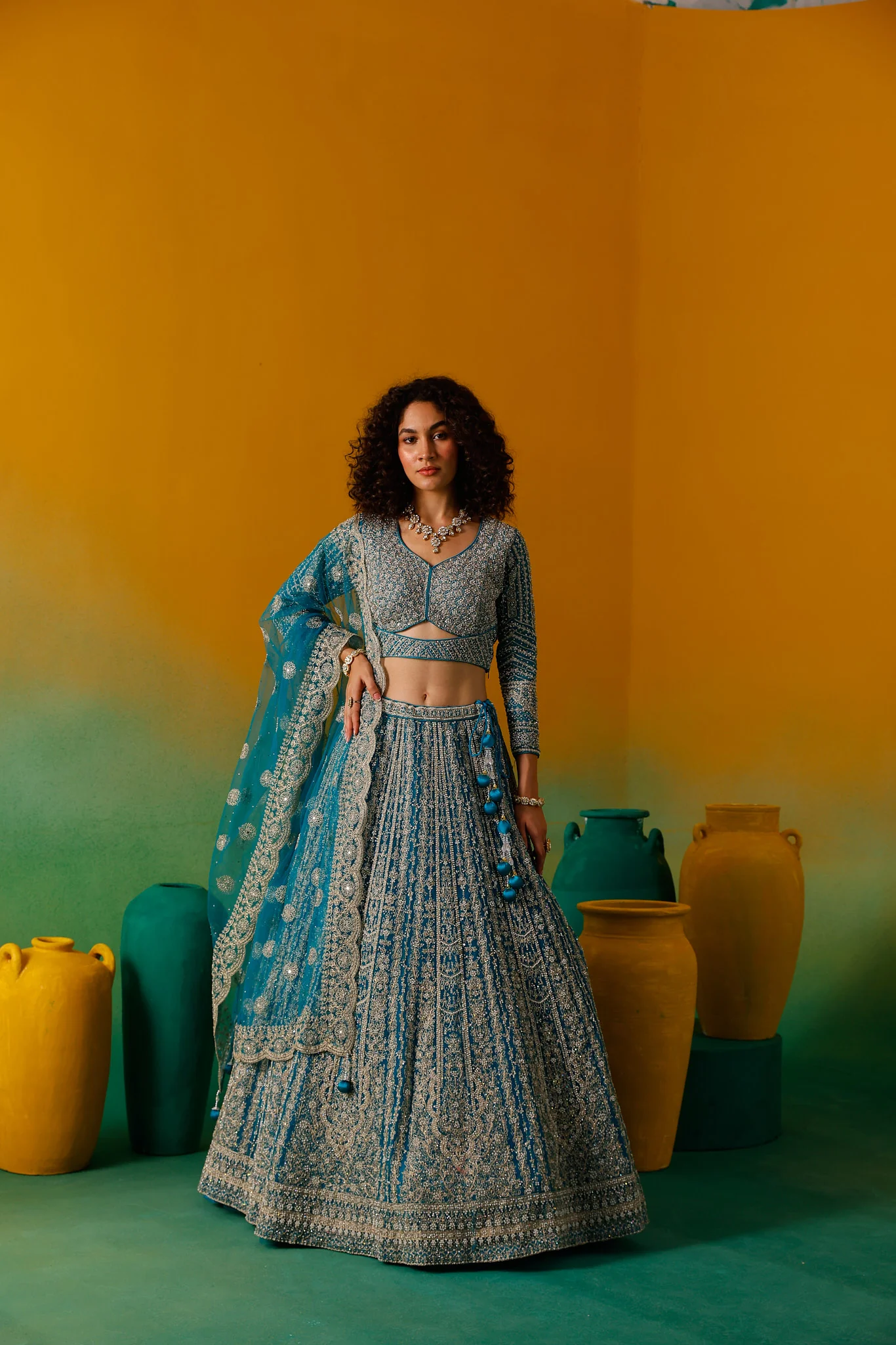 Neerus Rama Embroidery work Nett Fabric Ghagra Set - Image 9