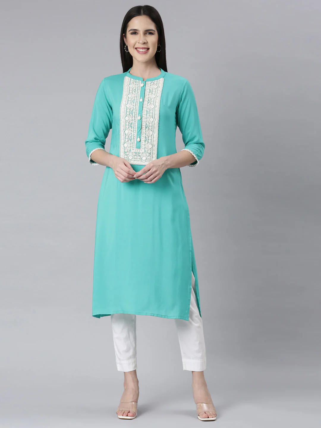 Neerus Rama Green Panelled Straight Embellished Kurta
