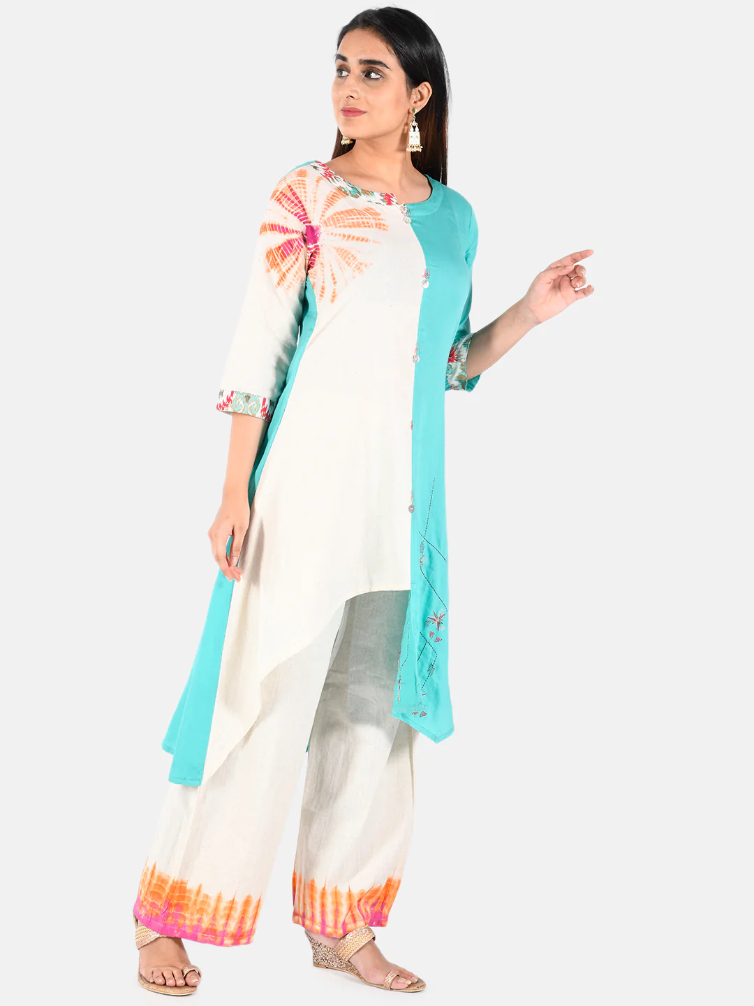 Neerus Rama Green Printed High Low Kurti and Tousers - Image 2