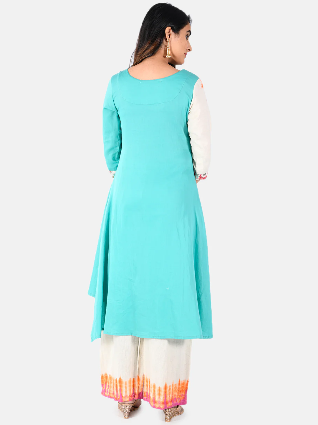 Neerus Rama Green Printed High Low Kurti and Tousers - Image 3